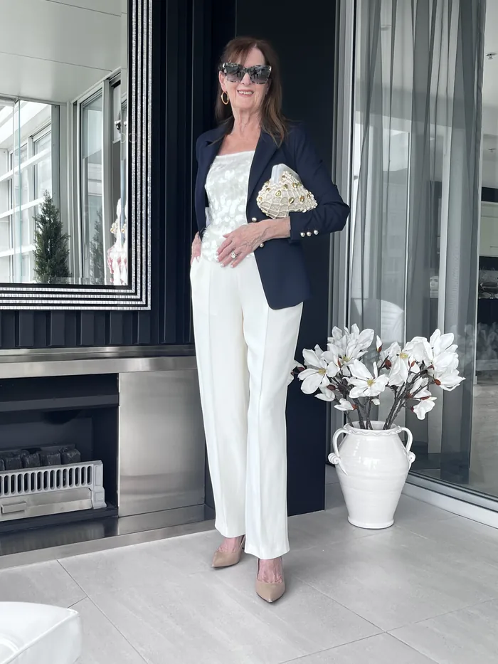Marella sequin top with tailored jacket, styled at Lejose Fashion House