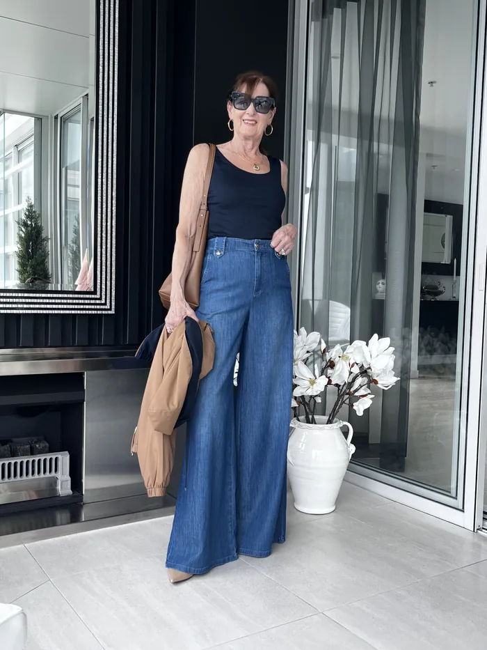 Marella top and jacket with wide-leg jean, styled at Lejose Fashion House