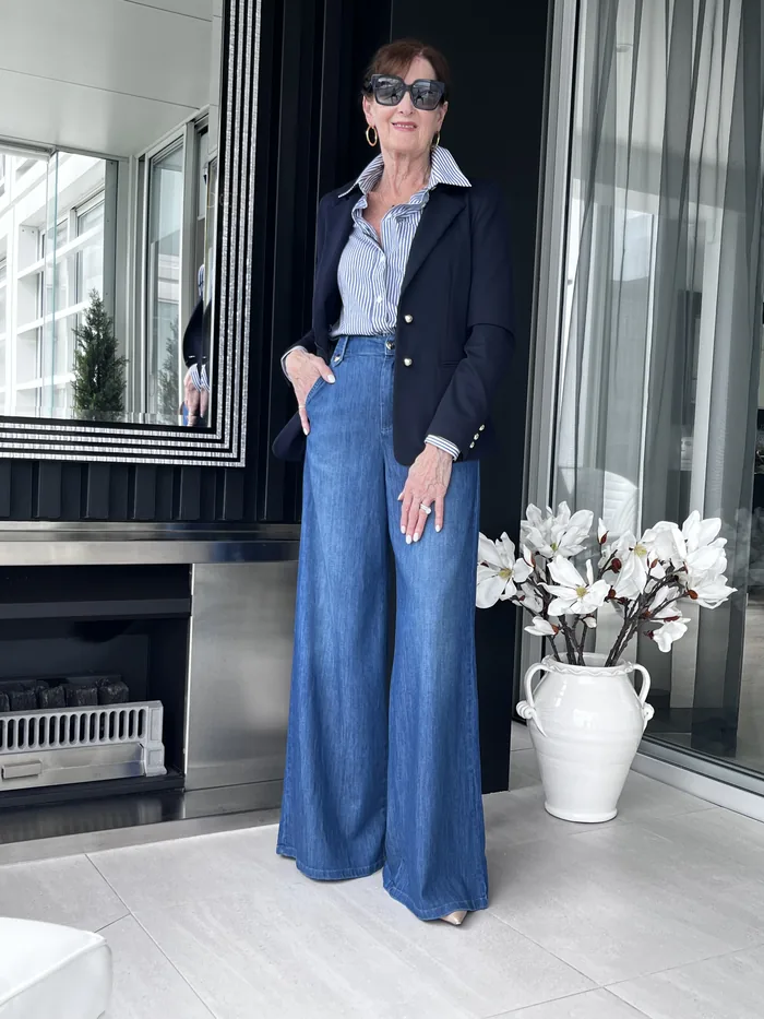 Marella tailored blazer with wide-leg jean, styled at Lejose Fashion House