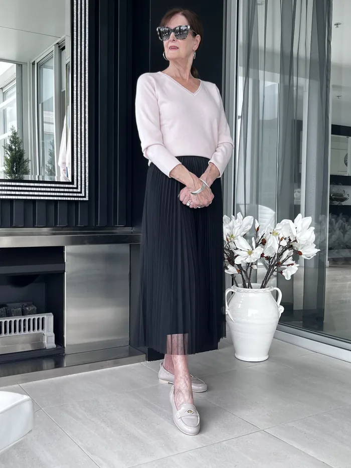 Gran Sasso summer cashmere top with Fabiana Filippi pleated skirt, styled at Lejose Fashion House
