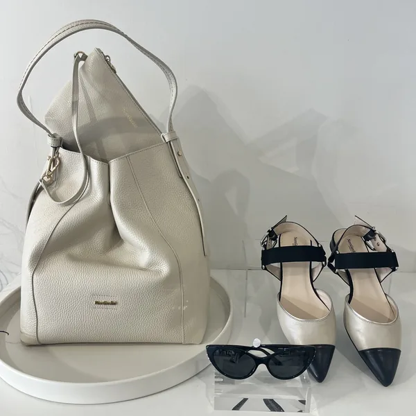Nero Giardini pebbled tote bag with heels and sunglasses, in-store at Lejose Fashion House