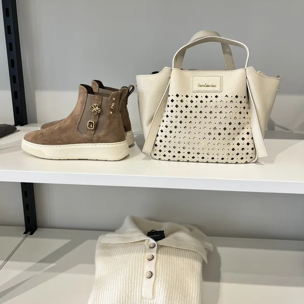 Nero Giardini suede chelsea boot with perforated tote bag, in-store at Lejose Fashion House