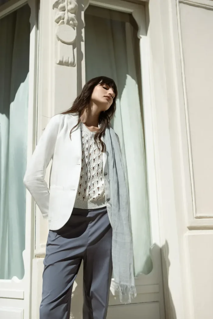 Gran Sasso SS26 white blazer and crochet knit styled at Lejose Fashion House