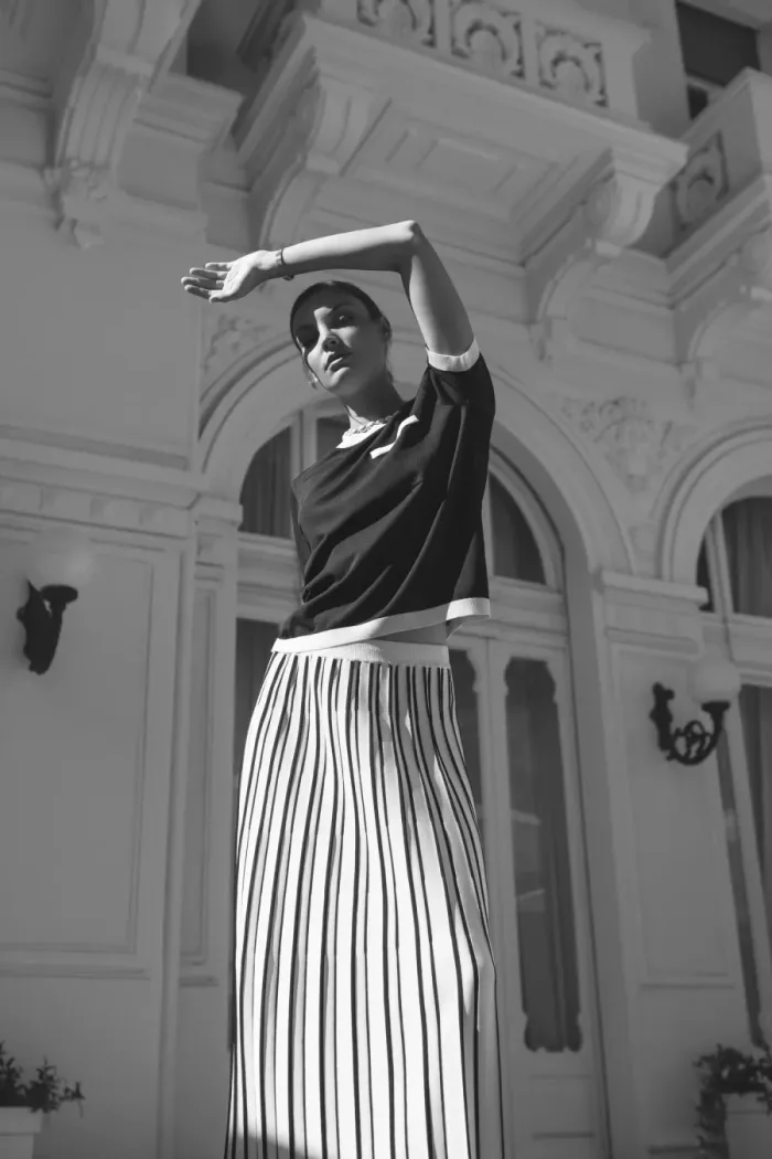 Gran Sasso SS26 striped knit and pleated skirt styled at Lejose Fashion House