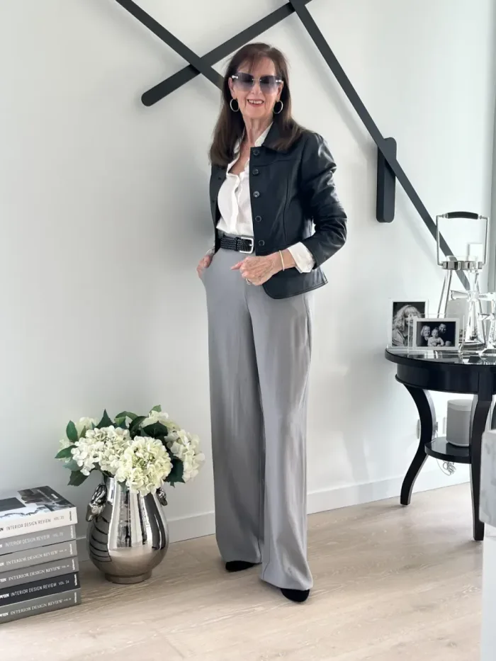 Marella by MaxMara leather jacket and wide-leg trousers styled at Lejose Fashion House