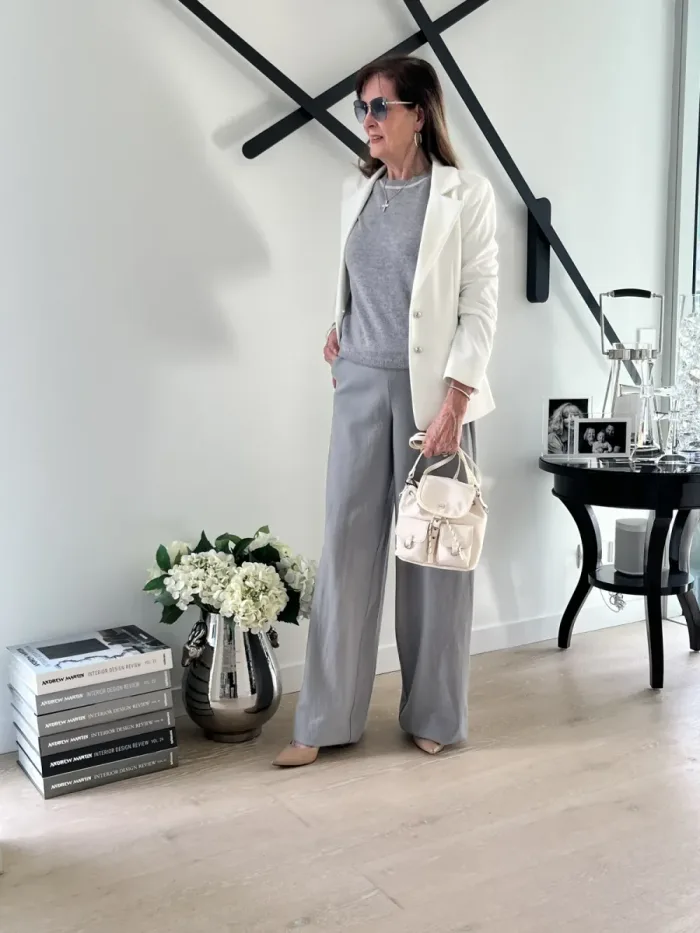 White blazer and knit layers styled at Lejose Fashion House