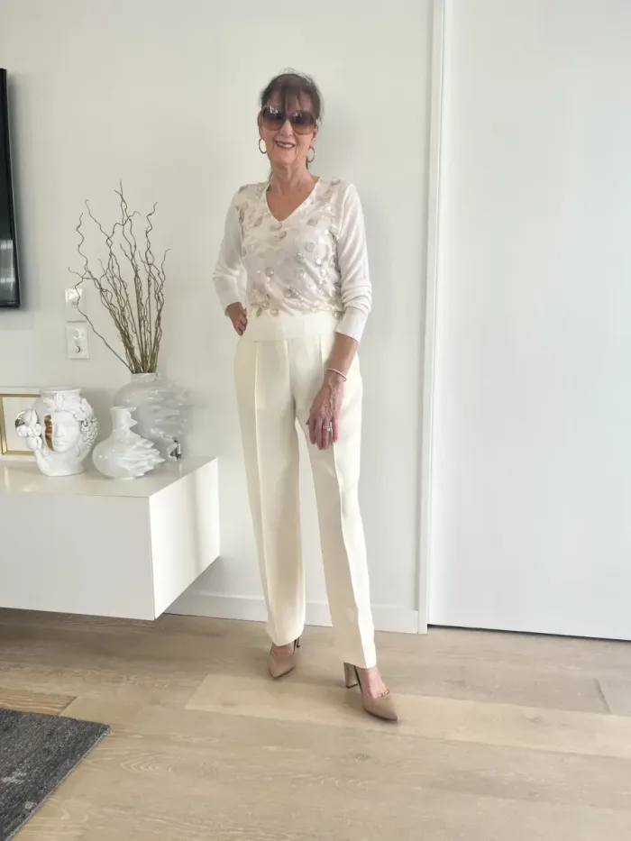 Embellished top and tailored trousers styled at Lejose Fashion House