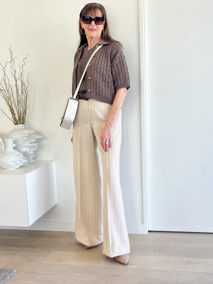 Camel knit and pinstripe wide-leg trousers styled at Lejose Fashion House