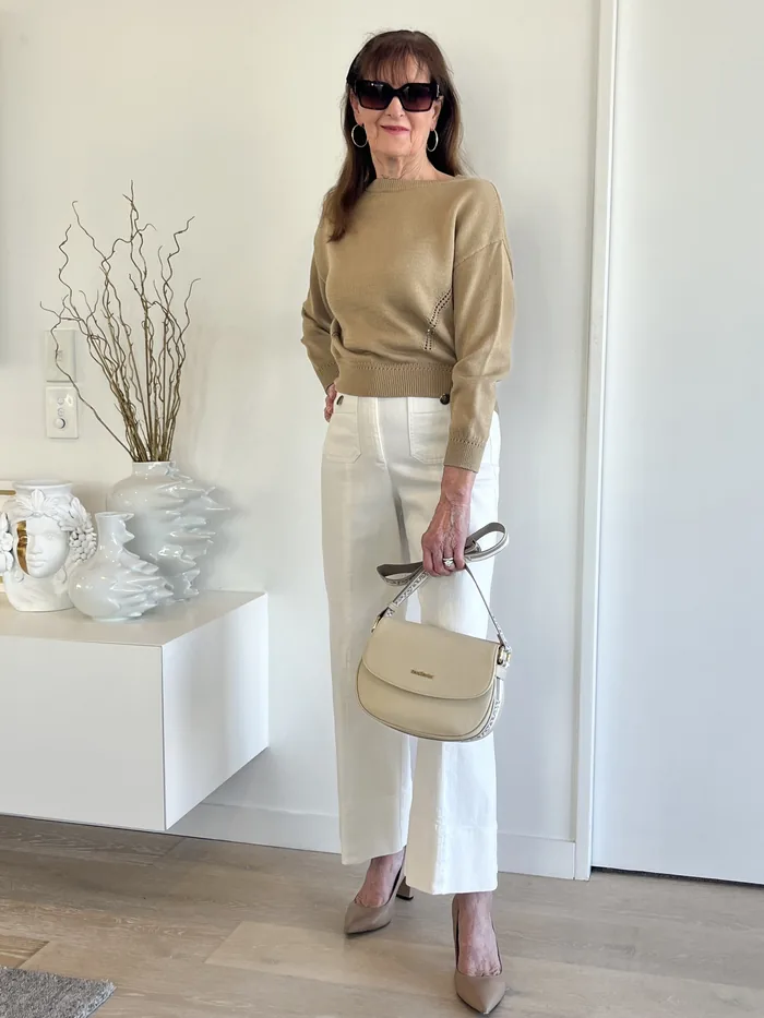 Tan knit sweater and wide-leg trousers styled at Lejose Fashion House