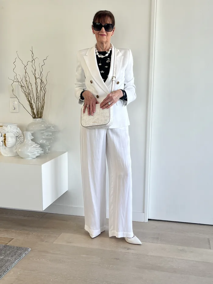 White double-breasted blazer suit styled at Lejose Fashion House
