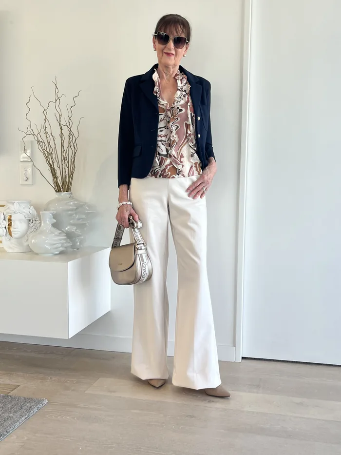 Navy cropped blazer and print blouse styled at Lejose Fashion House