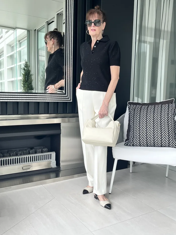 Sequin Gran Sasso top with Fabiana Filippi pant, Nero Giardini bag and shoe, styled at Lejose Fashion House