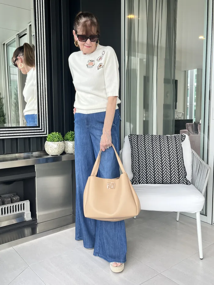 Fabiana Filippi embellished knit top with Marella wide-leg jeans, styled at Lejose Fashion House