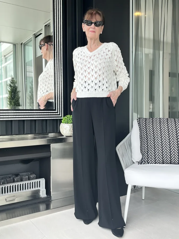 Gran Sasso micro sequin top with wide-leg trouser, styled at Lejose Fashion House