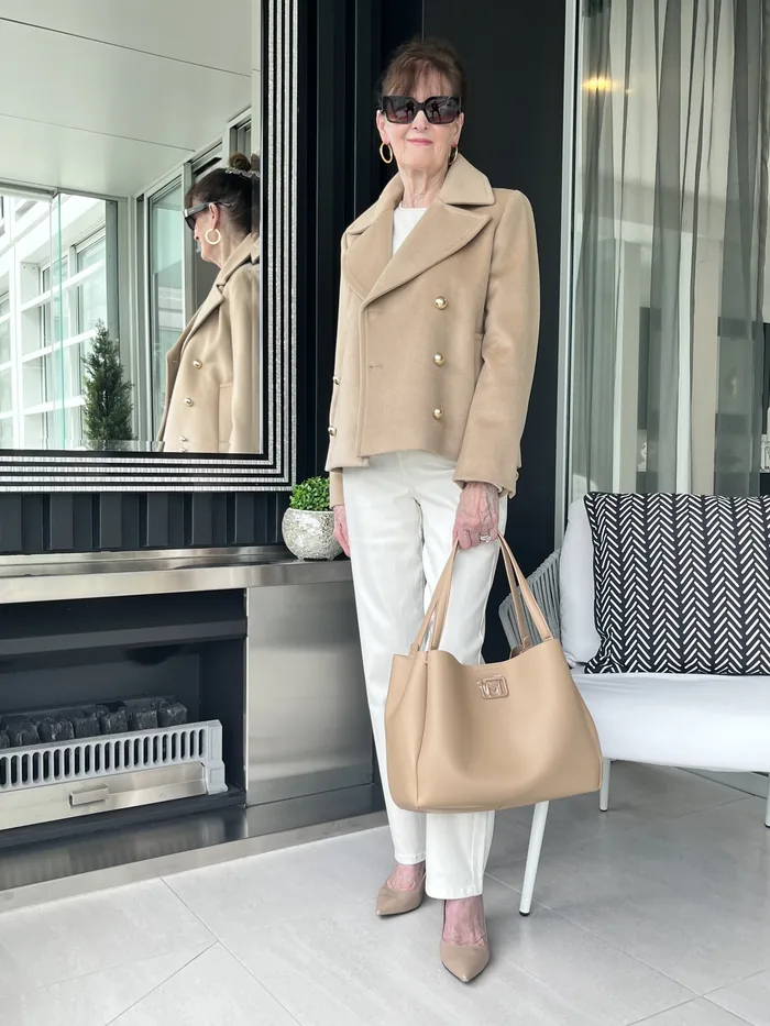 Marella camel coat, tailored pant and bag, styled at Lejose Fashion House