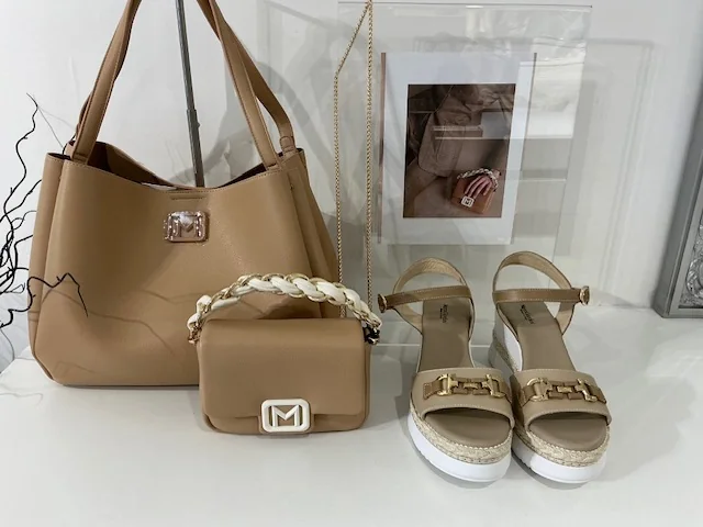 Camel tote, crossbody bag and wedge sandals, in-store at Lejose Fashion House